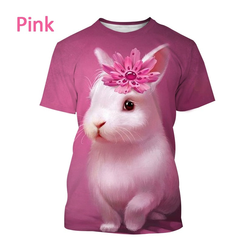 Casual T-shirt Cute Rabbit Pattern Summer Unisex Short Sleeve Round Neck Hip Hop T-Shirt-Veeddydropshipping