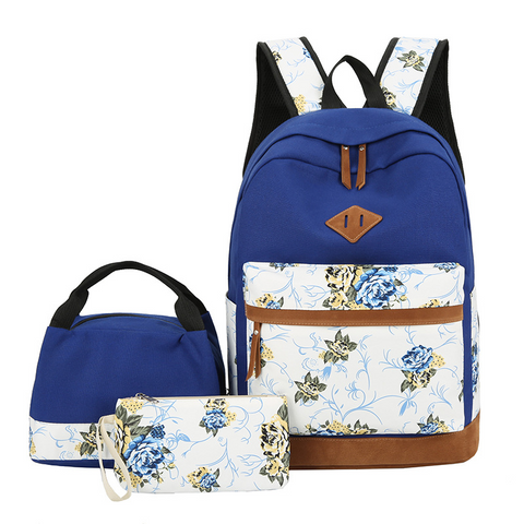 Camping Floral Bags 3pcs Schoolbag Backpack Lunch Bag And Wallets-veeddydropshipping