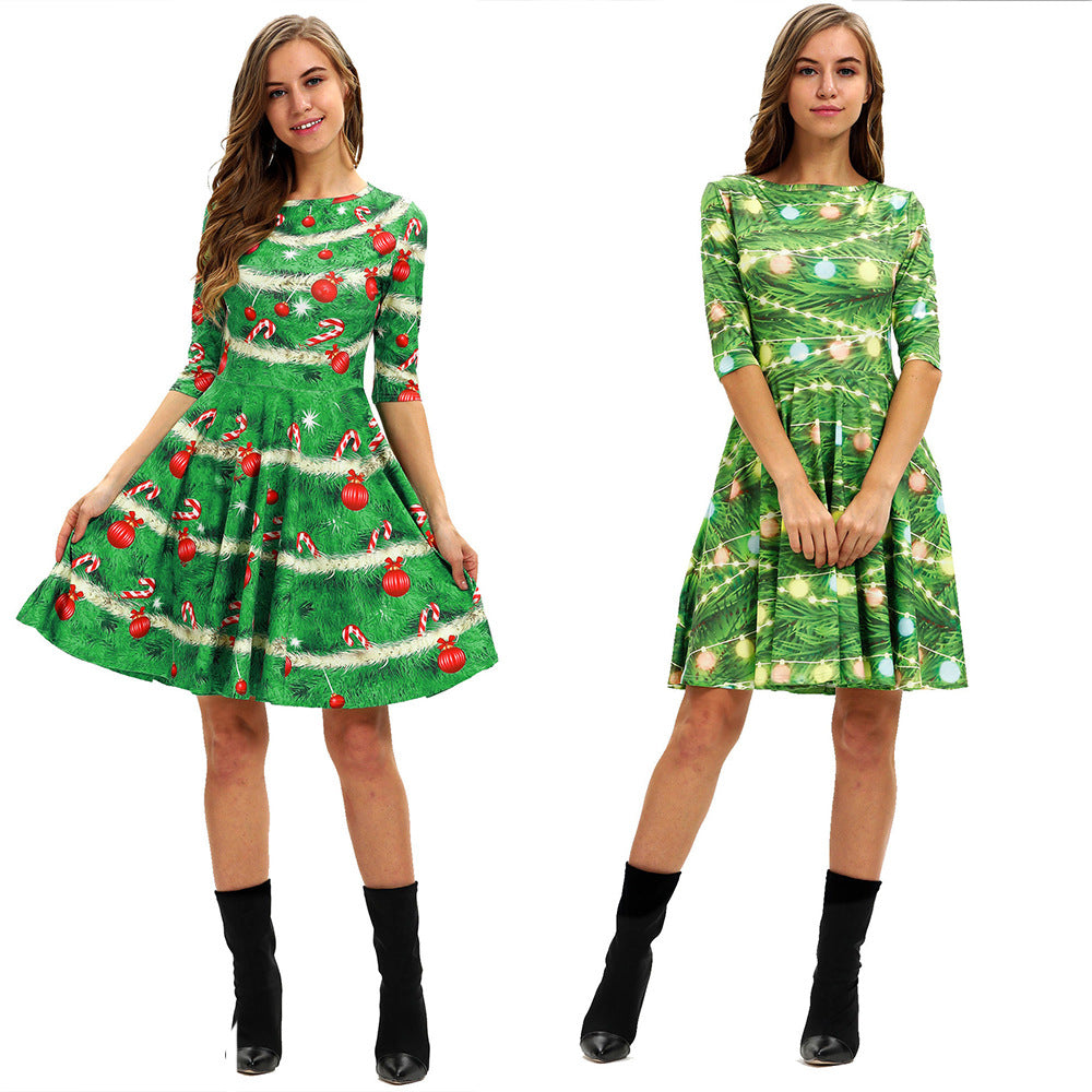 ChristmasDressesWomenSlimRoundNeckHighWaistA-LineSkirt-Veeddydropshipping-1