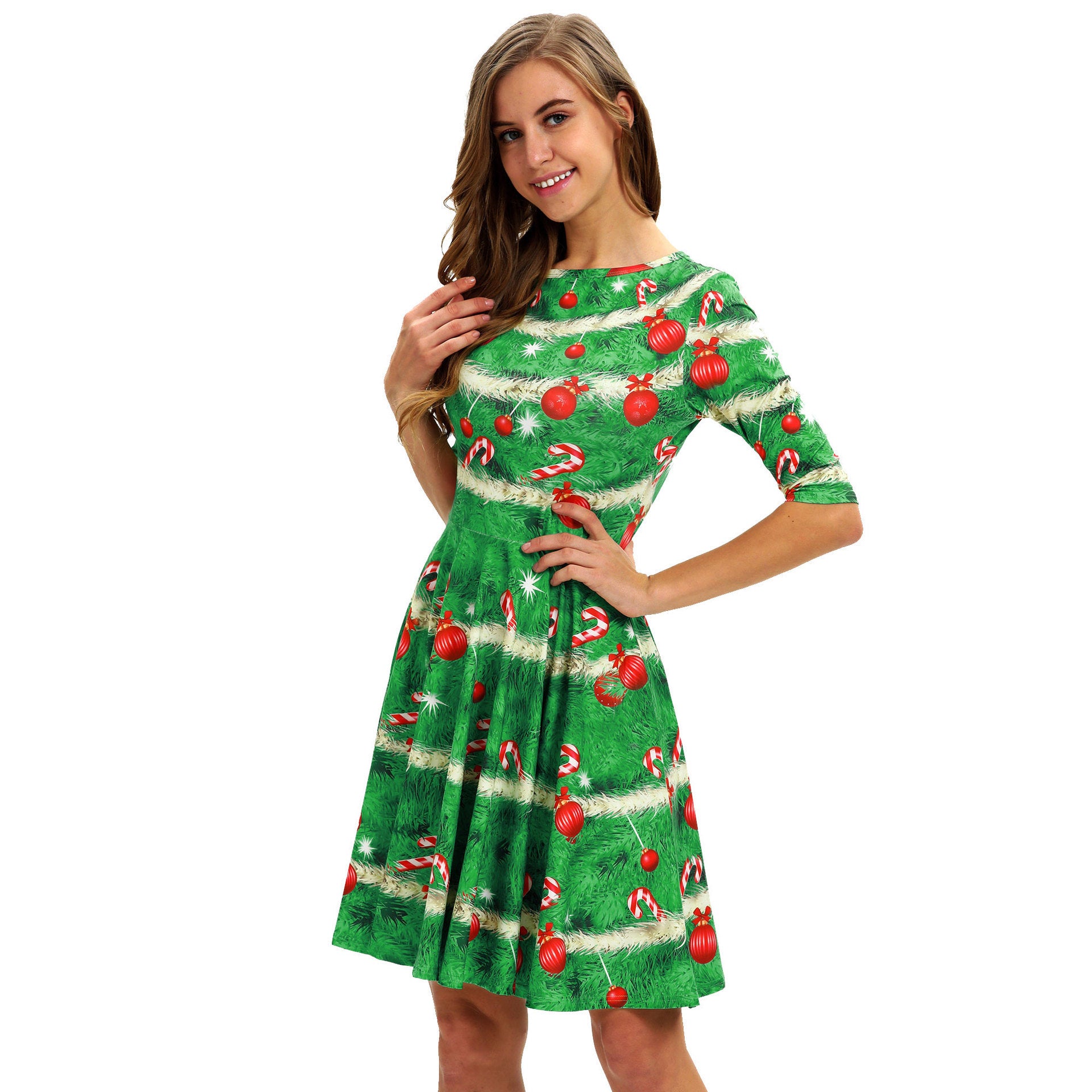 ChristmasDressesWomenSlimRoundNeckHighWaistA-LineSkirt-Veeddydropshipping-3
