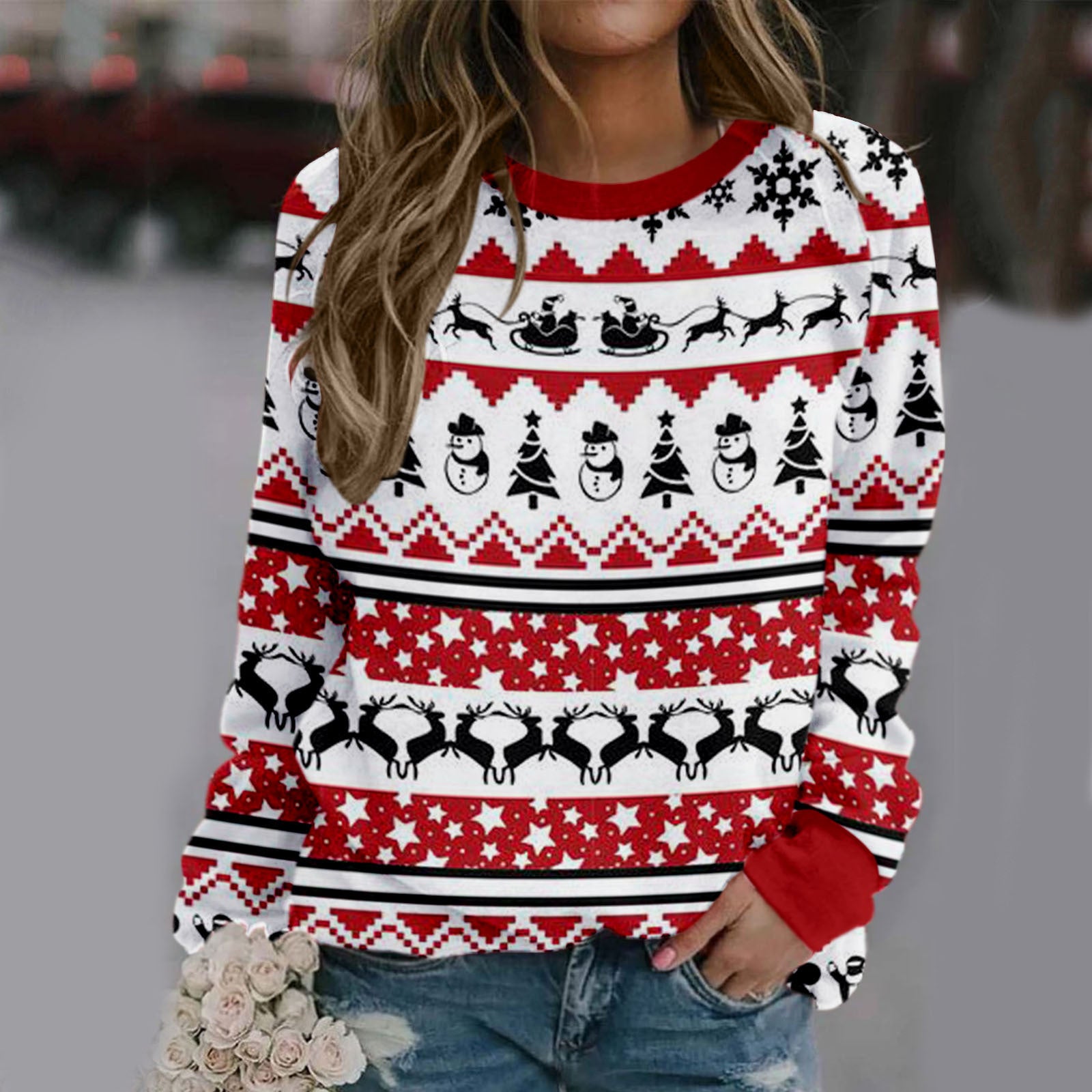       ChristmasElementPrintedSimpleLongSleeveStreetTop-Veeddydropshipping-4