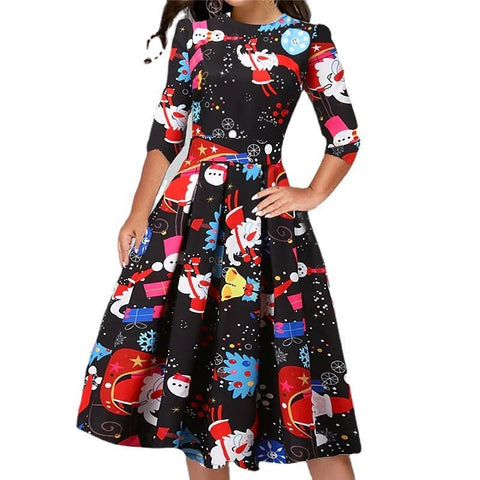       ChristmasPrintedSlimRoundNeckSevenSleeveDress-Veeddydropshipping-1