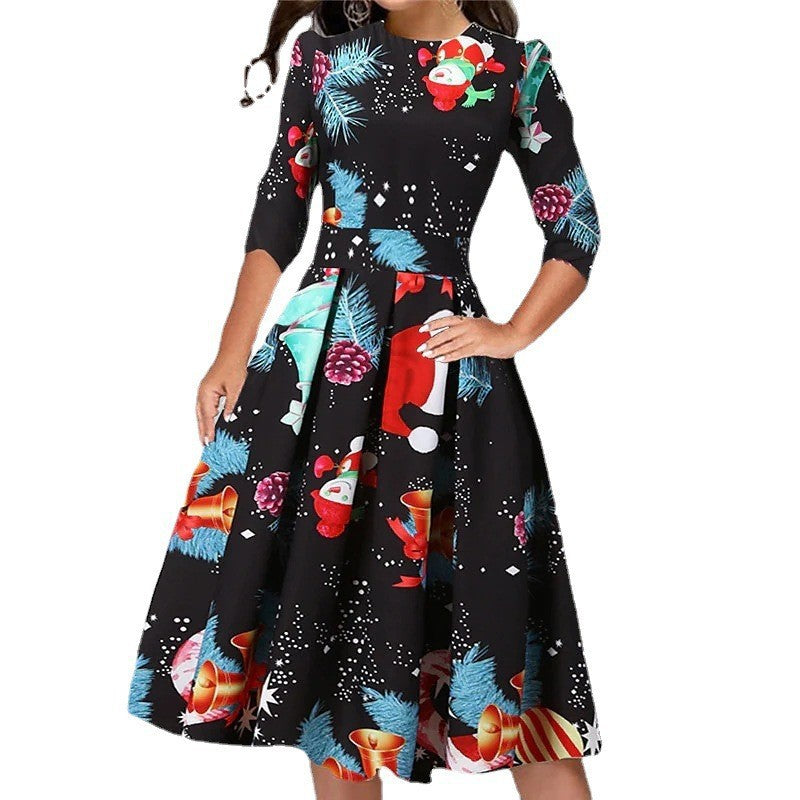    ChristmasPrintedSlimRoundNeckSevenSleeveDress-Veeddydropshipping-2