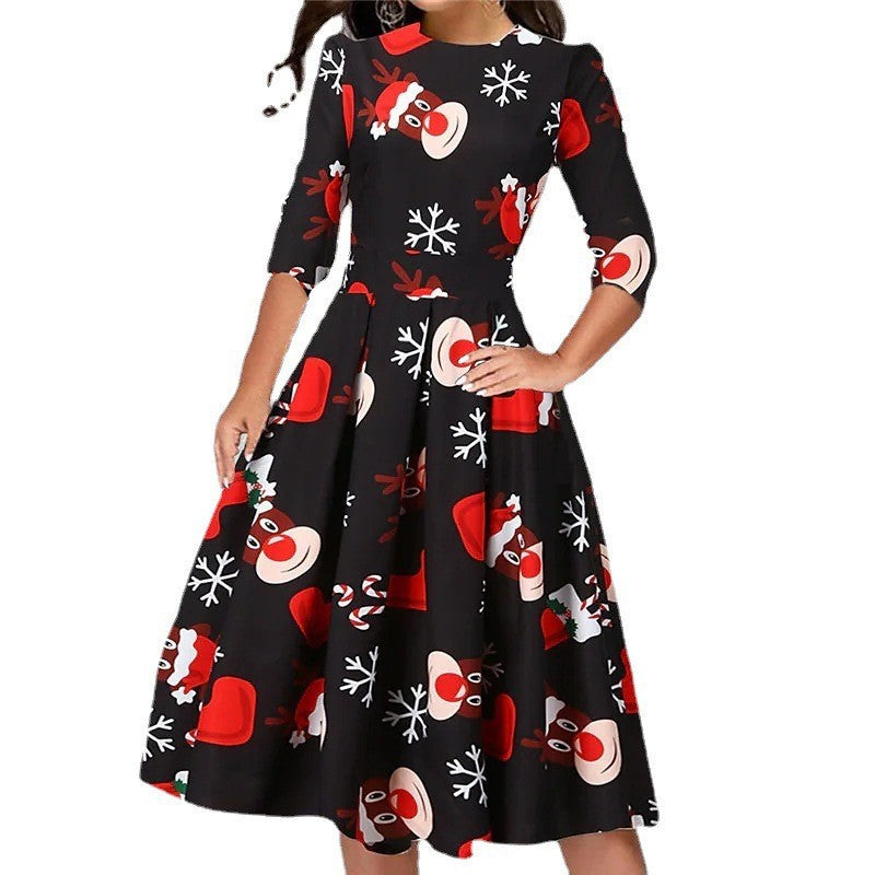   ChristmasPrintedSlimRoundNeckSevenSleeveDress-Veeddydropshipping-3