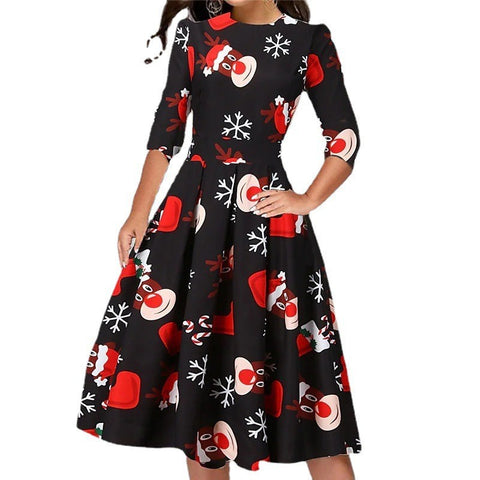    ChristmasPrintedSlimRoundNeckSevenSleeveDress-Veeddydropshipping-3