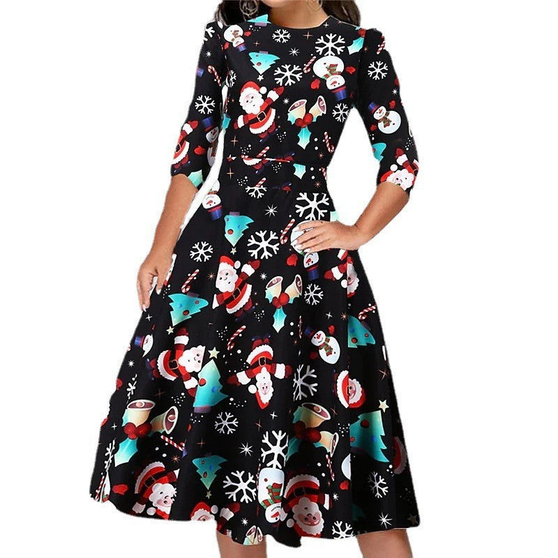       ChristmasPrintedSlimRoundNeckSevenSleeveDress-Veeddydropshipping-4