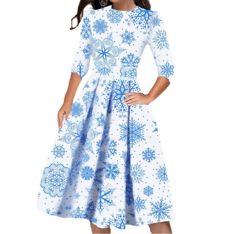       ChristmasPrintedSlimRoundNeckSevenSleeveDress-Veeddydropshipping-5