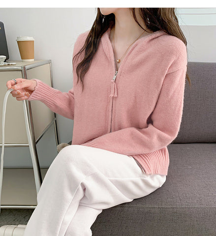DoubleZipHoodedShortKnittedCardiganSweaterJacket-Veeddydropshipping-1