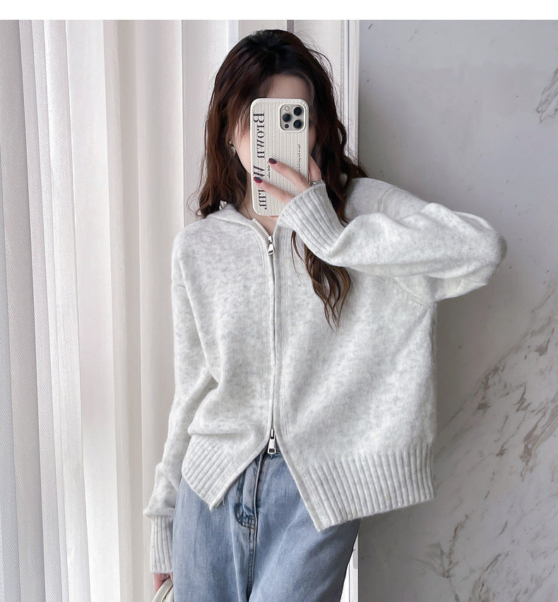 DoubleZipHoodedShortKnittedCardiganSweaterJacket-Veeddydropshipping-8