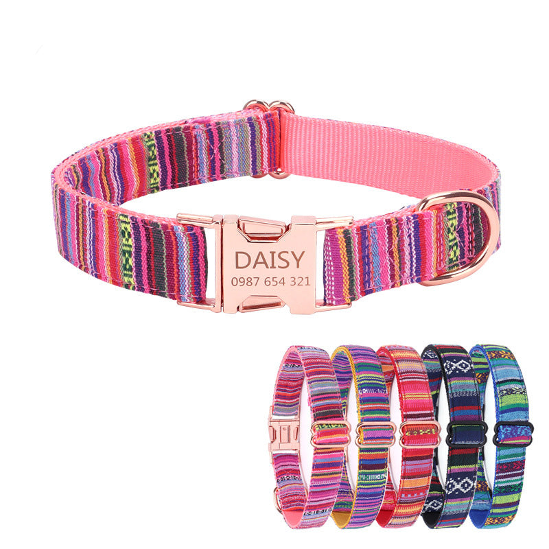    EngravedMetalBuckleBohemianStripePlaidPetCollar-Veeddydropshipping-1