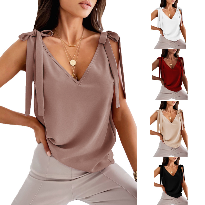 BowknotTieUpCamisoleShirtsWomenSummerFashionTops-5