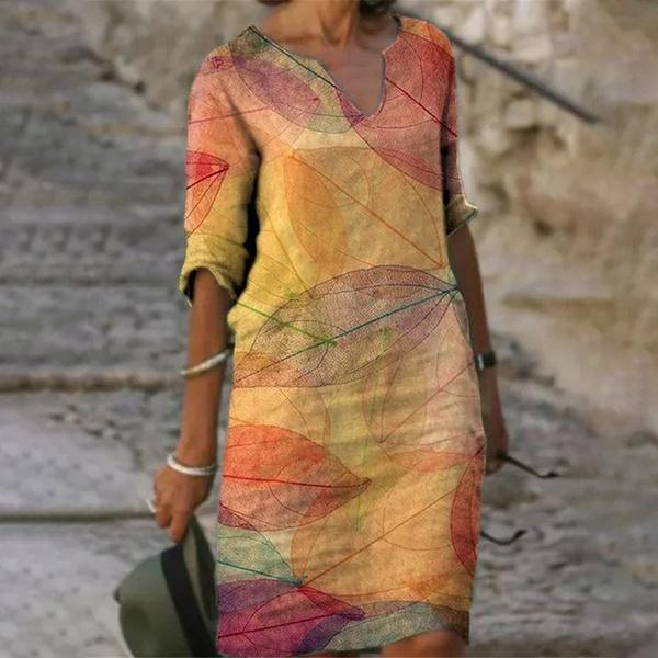 Mother‘s Day V-Neck Printed Mid-Sleeve Dress Women-1