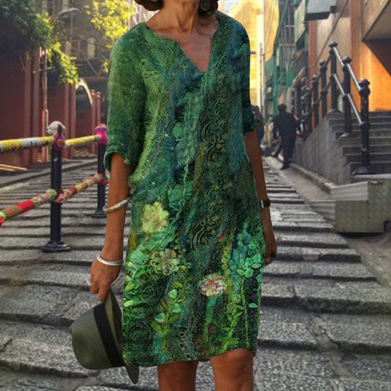 Mother‘s Day V-Neck Printed Mid-Sleeve Dress Women-2