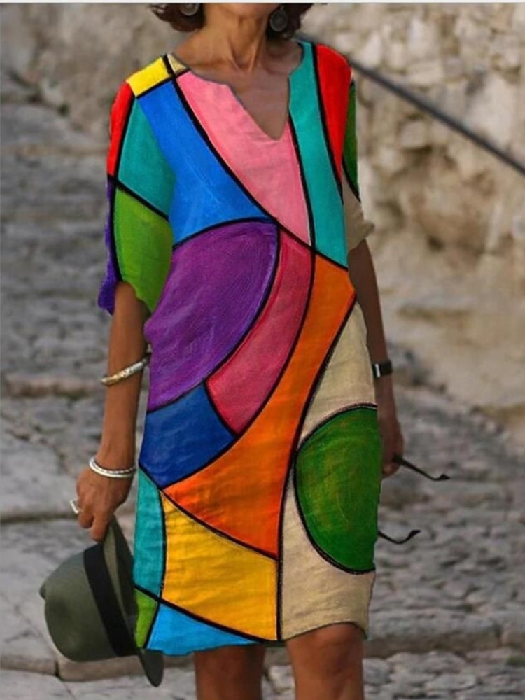 Mother‘s Day V-Neck Printed Mid-Sleeve Dress Women-3