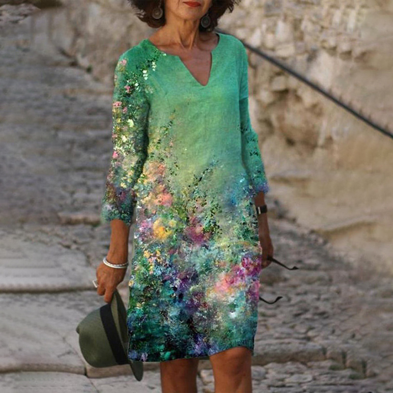 Mother‘s Day V-Neck Printed Mid-Sleeve Dress Women-5