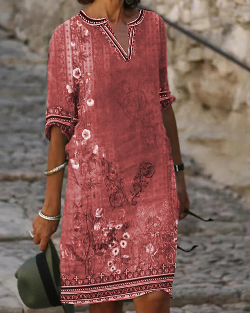 Mother‘s Day Women's New National Style Printed Casual V-neck Dress-2