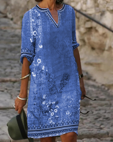 Mother‘s Day Women's New National Style Printed Casual V-neck Dress-3