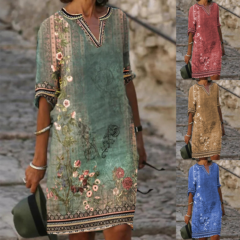 Mother‘s Day Women's New National Style Printed Casual V-neck Dress-4
