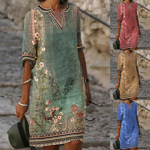 Mother‘s Day Women's New National Style Printed Casual V-neck Dress-4