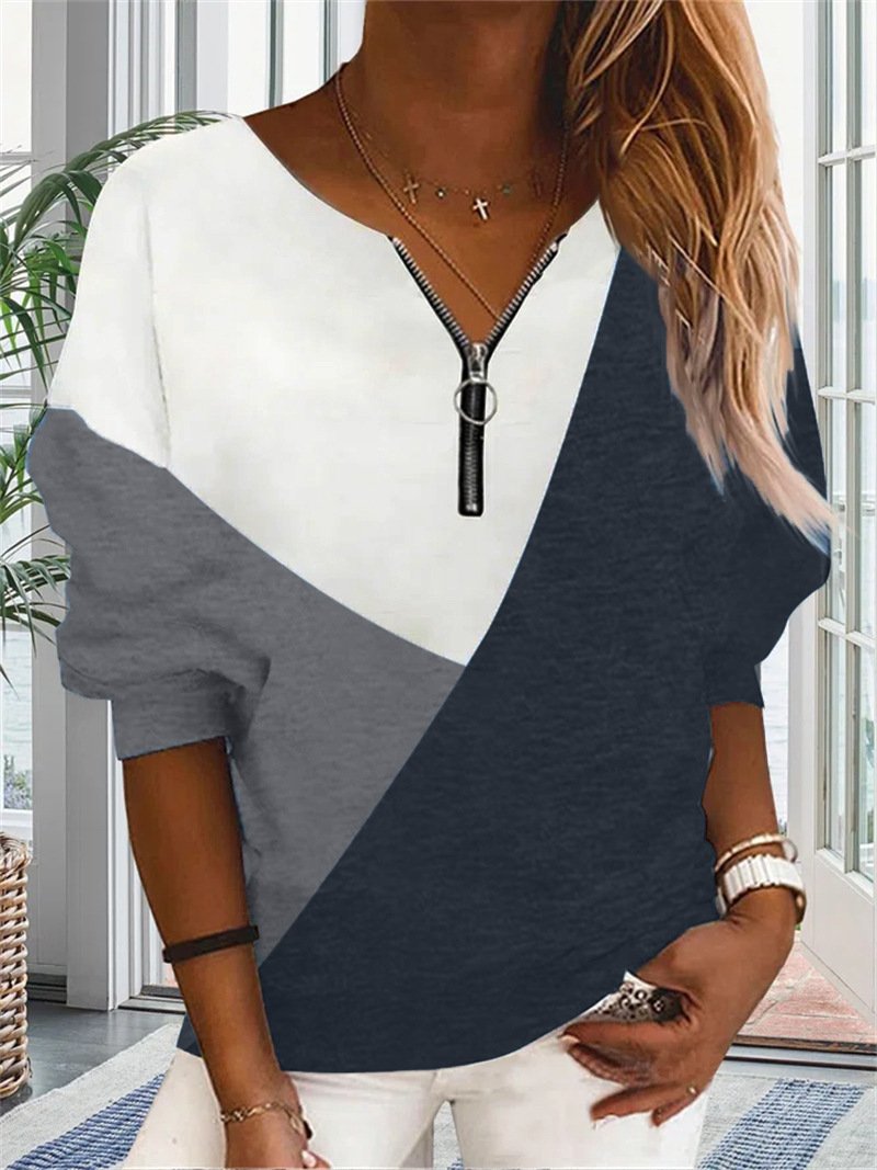 V-Neck Zipper Sweatshirts Women Elegant Sweater-WF00316-Veeddydropshipping