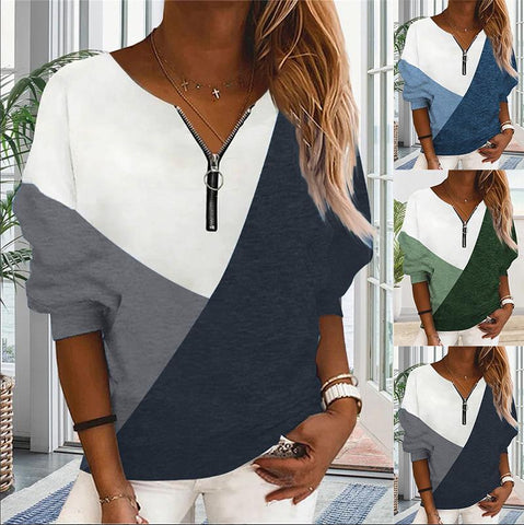 V-Neck Zipper Sweatshirts Women Elegant Sweater-WF00316-Veeddydropshipping