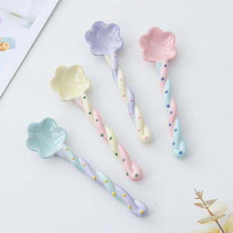Ceramic Long Handle Spoon Painted Dessert Spoon-HA01315-Veeddydropshipping