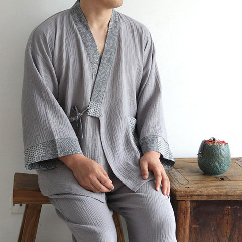Pajamas Men Long-sleeve Trousers Cotton Casual Home Service Two-piece Suit Comfortable-MF01590-Veeddydropshipping