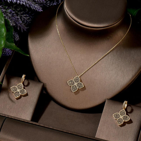 Luxury Sweet Lucky Clover Necklace and Earring Jewelry Set -JW01350-Veeddydropshipping