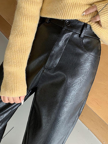 Black Leather Pants High Waist Straight Women Pants-WF00077-Veeddydropshipping
