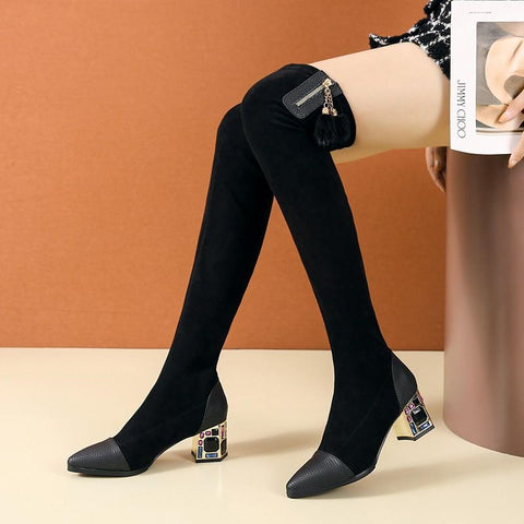 Stretch Fabric Rhinestone High-heeled Boots Winter Sexy-BS00924-Veeddydropshipping