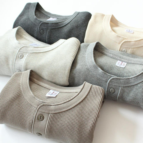Thick American vintage khaki sweater shirt Waffle cotton Henry collar long sleeve-Veeddydropshipping