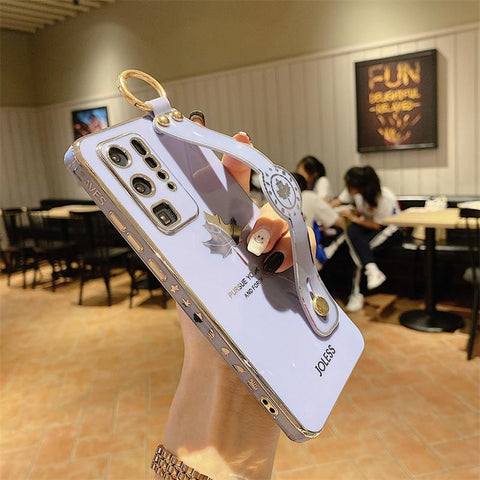 Luxury Plating Maple Wrist Strap Phone Holder Case for Samsung S21 FE-PA00225-Veeddydropshipping