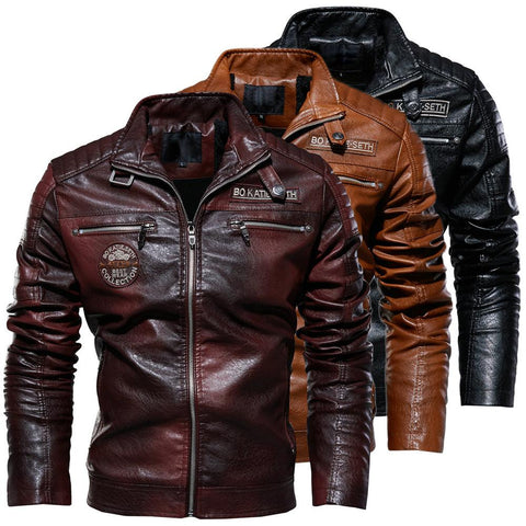 Fleece Motorcycle PU Leahter Jacket Male  Stand Collar Casual-MF01356-Veeddydropshipping