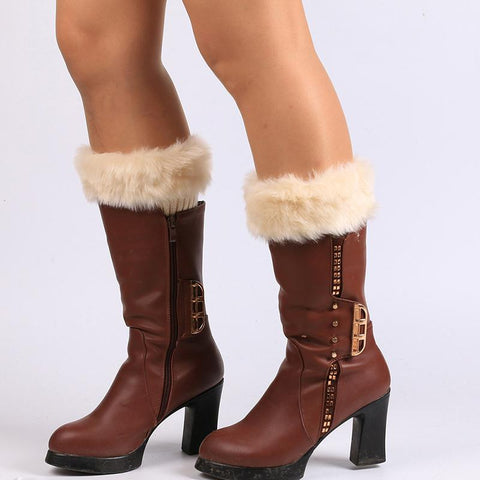 Women Crochet Faux Fur Trim Leg Boot Socks-WF01241-Veeddydropshipping