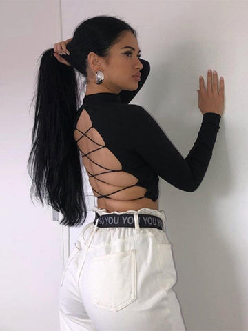 out sexy t-shirt bandage backless long sleeve-WF00014-Veeddydropshipping