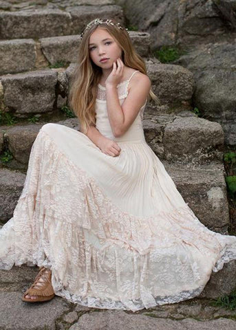 New Girl Lace Chiffon Backless Long Dress Wedding Flower Girl Fashion-TB00835-Veeddydropshipping