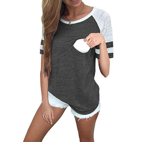 Maternity Breastfeeding Tee Nursing Tops Striped Colorblock Short Sleeve-TB00568-Veeddydropshipping