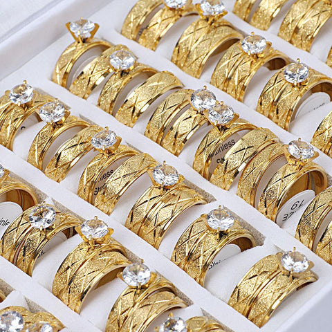 Bulk Job CZ Crystal Stainless Steel Gold Ring  -JW00427-Veeddydropshipping