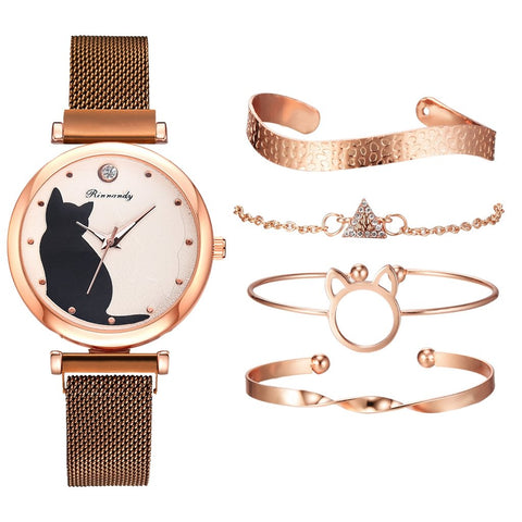 Fashion Watch Set 5pcs Quartz Wristwatch Mesh Bracelet Cat-JW00930-Veeddydropshipping
