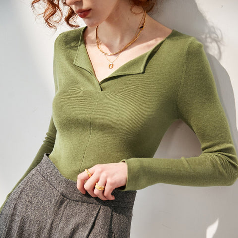 V-neck Women Undershirt Pullover Long Sleeve Casual Knitted Sweater-WF00073-Veeddydropshipping