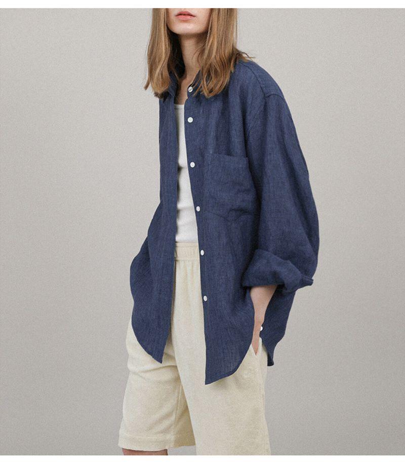 100% Linen Women Shirt Oversized Collar Long Sleeve
