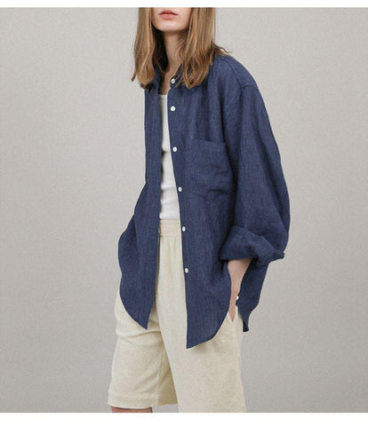 100% Linen Women Shirt Oversized Collar Long Sleeve