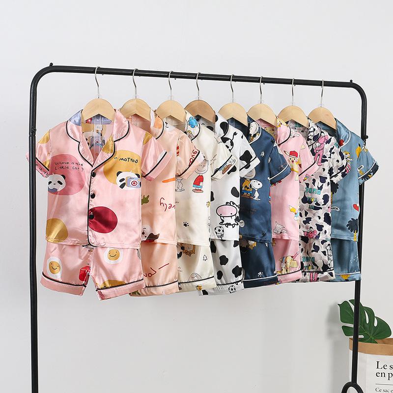 Summer Children Cartoon Short Sleeve+Shorts 2pc Satin Silk Pajamas Sets-TB01052-Veeddydropshipping