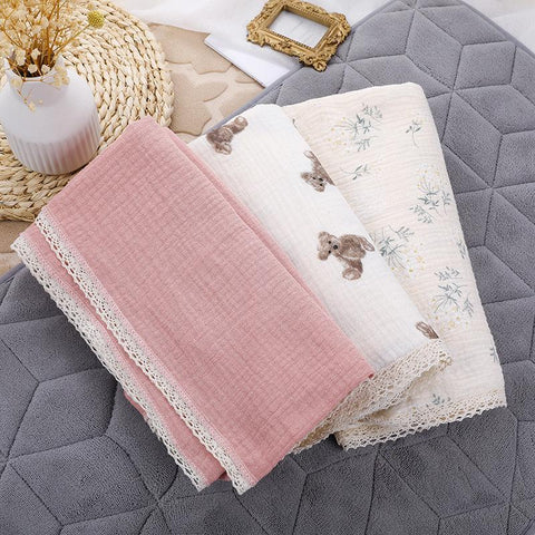 Double Layer Muslin Squares Cotton Baby Blankets Lace Newborn Blanket-TB00701-Veeddydropshipping
