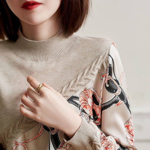 Neck Print Spliced Knitwear Pullovers Threaded Clothing-Veeddydropshipping