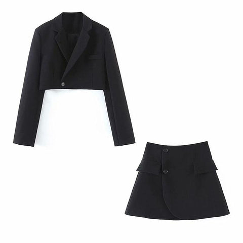 Female Tweed Long Sleeves Short Skirt Suits Blazer-WF00343-Veeddydropshipping
