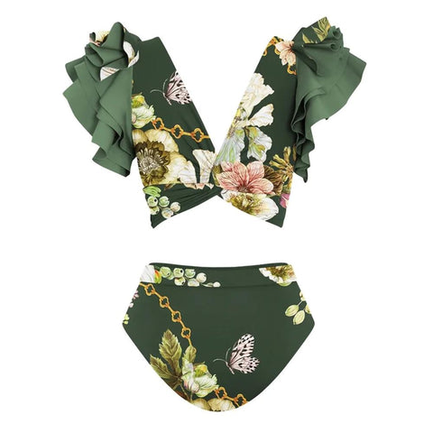 Fashion Printed High Waist Bikini Ruffled Shoulder Strap Hollow Swimsuit -OS00044-Veeddydropshipping