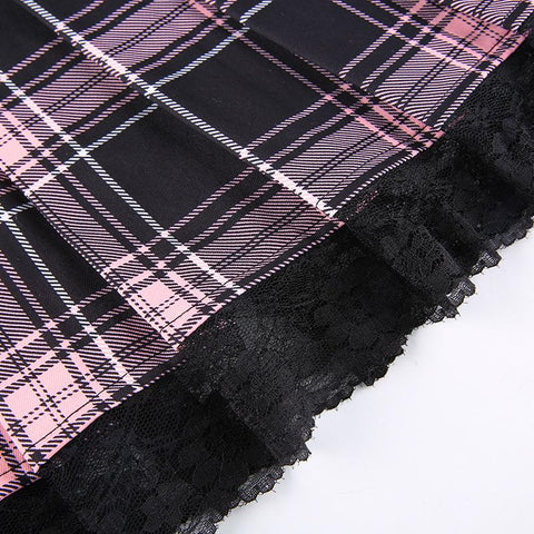 Sexy Lace-up Lace Plaid Pleated Skirt-Veeddydropshipping