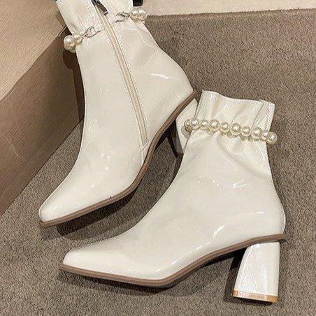 Ankle Boots Block High Heel Shoes Beige New-BS01059-Veeddydropshipping