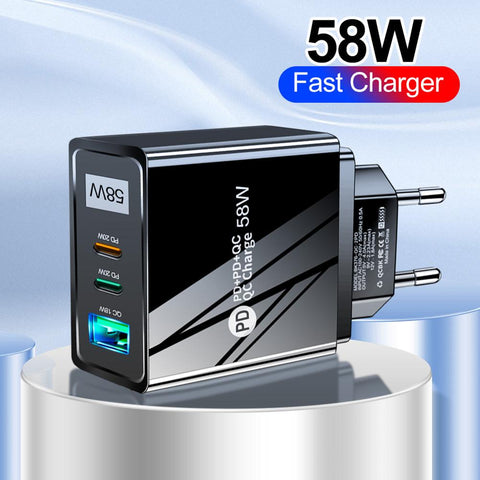 3 Ports Mobile Phone Charging PD Type-C+QC3.0 58W USB Wall Fast Charger US EU Plug-PA00383-Veeddydropshipping
